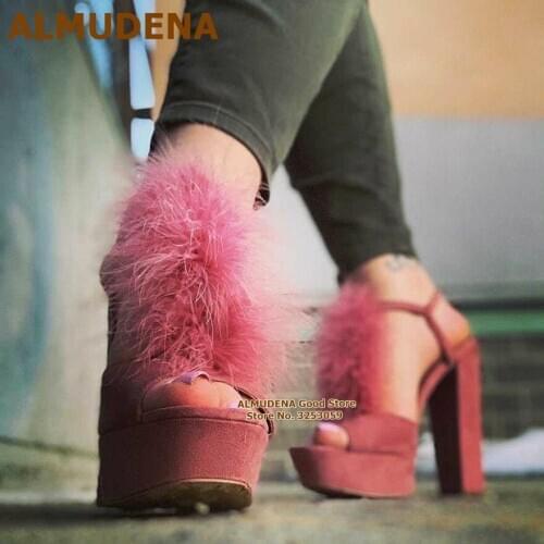 ALMUDENA Pink Suede Feather Fluffy Sandals Women Elegant Chunky Heel Platform Dress Shoes Buckle Strap Fur Wedding Shoes Pumps