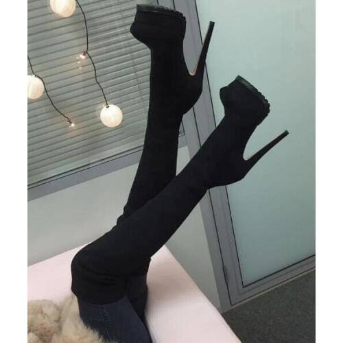 Sexy Black Suede Over Knee Boots Womens Round Toe Super High Platform Winter Tight High Boots Thigh High Heels Tall Boots