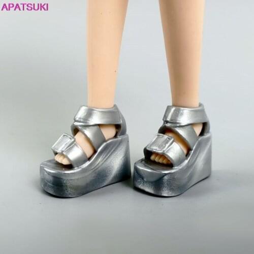 Silver Grey Wedge Platform Fashion Doll Shoes for Barbie Dolls Summer Sandals for Blythe Doll Accessories Kids Toys 1/6 DIY Gift
