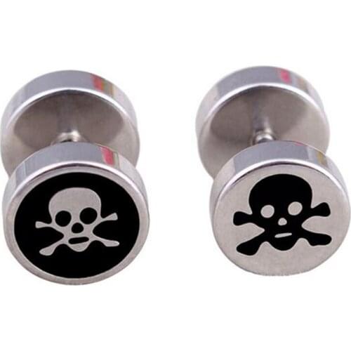 1pair (2pcs) 1.2x6x8mm Stainless Steel Round Stud Earring Skull LOGO Barbell Punk Skulls Ear Piercing Gothic Jewelry for men
