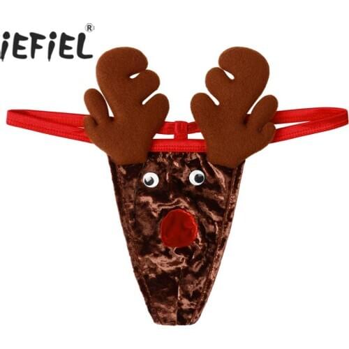 Men Gay Sexy Underwear Soft Velvet Lingerie Low Rise T-back Novelty Christmas Reindeer Costume Thong Briefs Jockstraps G-String