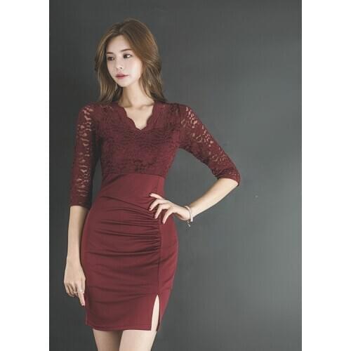 New arrival fashion lace dress women elegant autumn vintage v-neck five sleeve office lady temperament bodycon mini dress