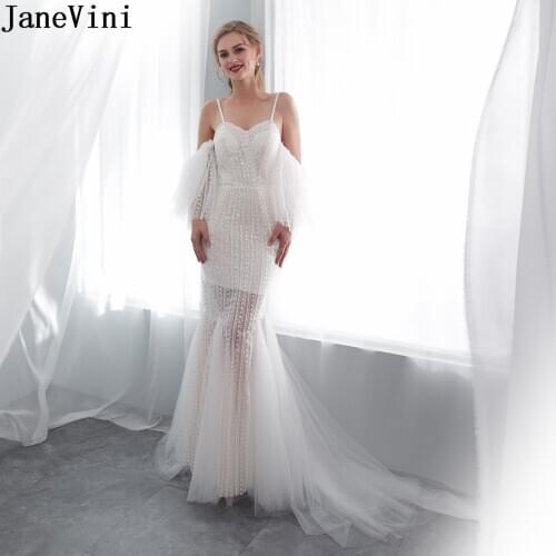 JaneVini Ivory Lace Sequined Formal Dress Women Elegant Long Evening Dresses with Removable Sleeves Mermaid Party Dress Sexy
