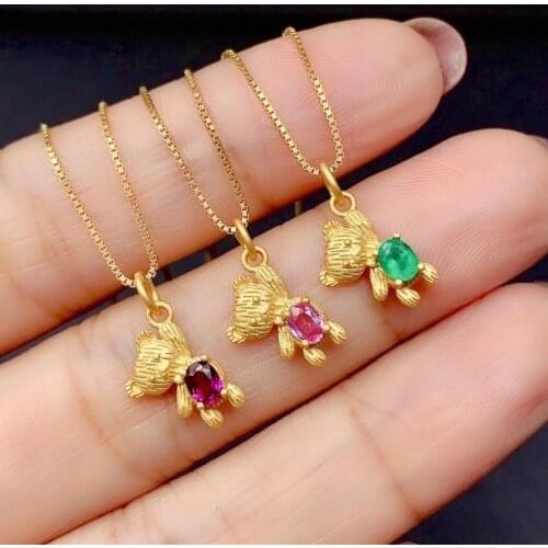 Bear style natural gemstone pendant for women necklace girl birthday anniversary gift natural gem real 925 silver gold plated