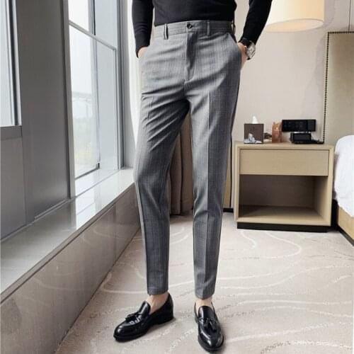 2021 Brand clothing Mens spring slim fit Leisure pure cotton business suit pants/Male plaid Pencil pantsfashion trousers 28-38