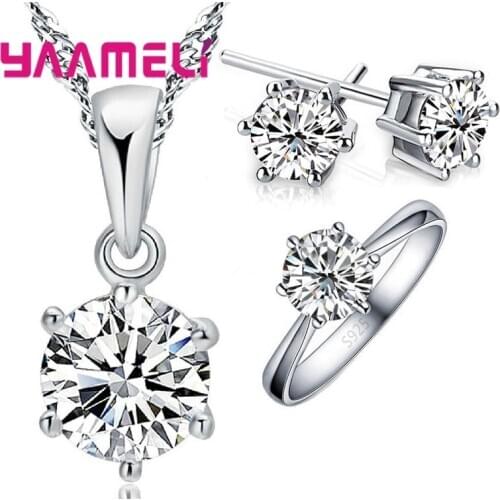 Hot Woman Birthday Gift Wedding Jewelry Set Solid 925 Sterling Silver Shining Crystal Necklace Ring Earring 3 pcs