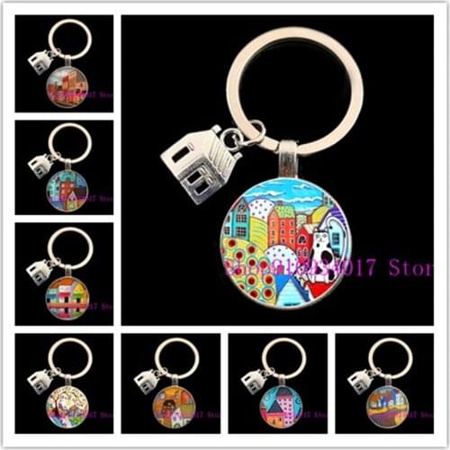 Abstract new house round glass keychain beautiful house round glass keychain under the stars personality jewelry gift keychain