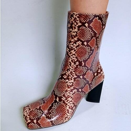 Popular Square Toe Snake Print Booty Women High Heel Shoes Side Zipper Fashion Ankle High Winter Boots 10.5 cm Heel
