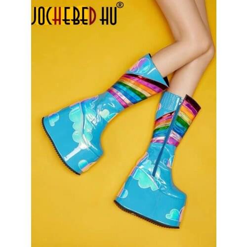 【JOCHEBED HU】The latest Rainbow Heels Women Boots High Platform Mid Boots For Women Sexy Lace Up Party Shoes Woman Boats 33-46