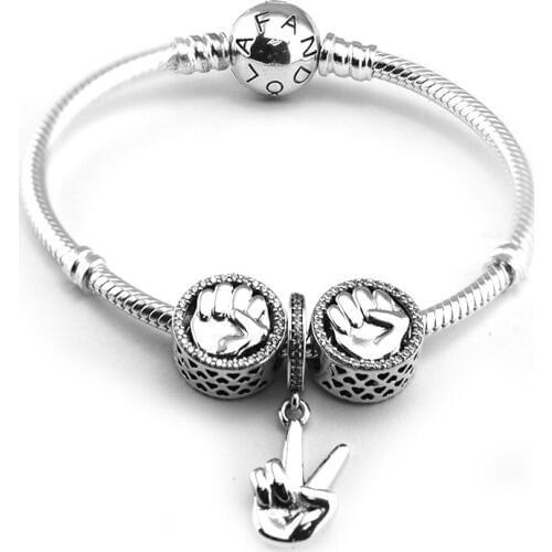 CKK 925 Sterling-Silver Win Dangle Charm Two Fist Charm Around Clasp Bracelets with 3pcs Beads in a set ensemble bijoux argent