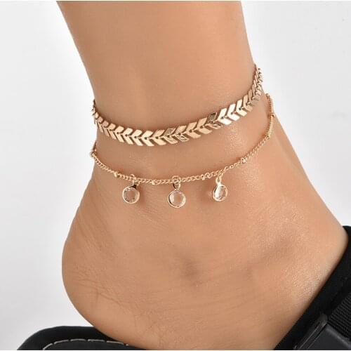 Two layer Anklet fish bone chain and satellite chain Acrylic transparent bead pendant gold silver plated metal chain