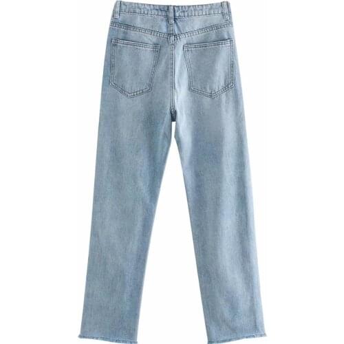 Dave&Di INS high street vintage washed high waist mom high waist jeans woman straight burrs boyfriend jeans for women