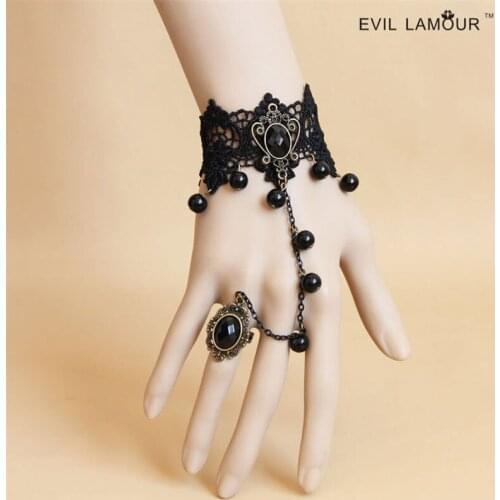 Intimate goods Handmade Halloween Ghost Festival Dress Up Black Pearl Lace Bracelet with Ring One Chain sex Exotic style