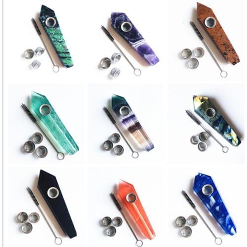 Natural stone labradorite Pink Rose Quartz Crystal Smoking Pipes with 1 brush+3 Filters Free bracket