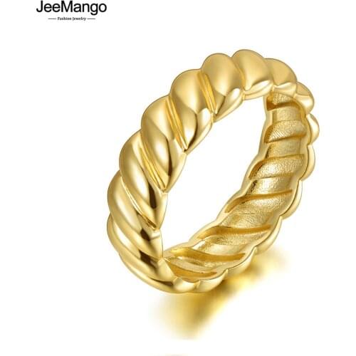 JeeMango Trendy 316L Stainless Steel Twisted Shape Party Ring Gold Color Original Design Wedding Ring Jewelry For Women JR20055