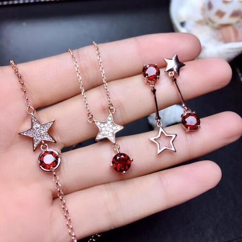 Fashion grace Stars Natural red garnet necklace Bracelets earrings Natural Gemstone Jewelry Set 925 Silver girl party jewelry