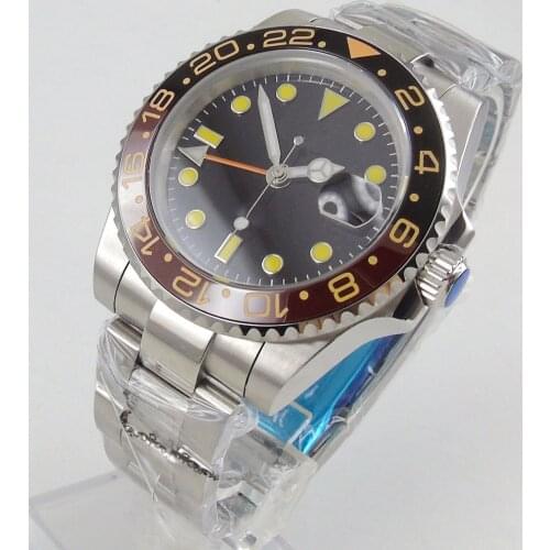 40MM Sterile Black Dial Sapphire Glass Date Luminous Ceraimc Bezel Steel Bracelet Orange GMT Automatic Movement Mens Watch