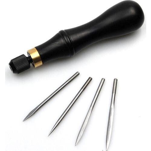 Leather Craft DIY Wooden Diamond Awl Leather craft Reaming Punch Sewing Tools Kit with 4 blades