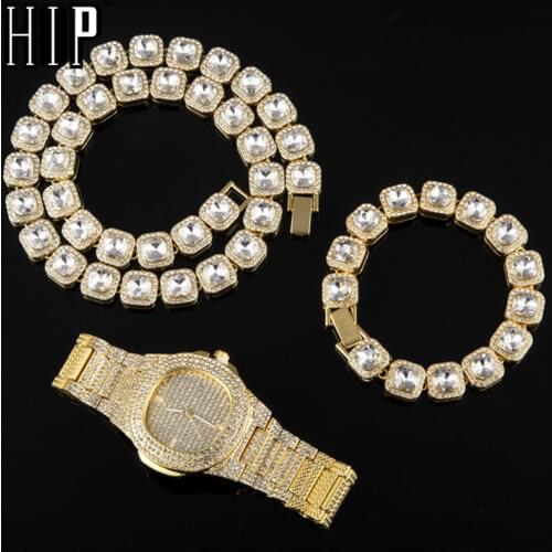 Hip Hop 12MM 3PCS KIT Watch+Necklace+Bracelet Bling Crystal AAA+ Iced Out Cuban Rhinestones Chains For Women Men Jewelry