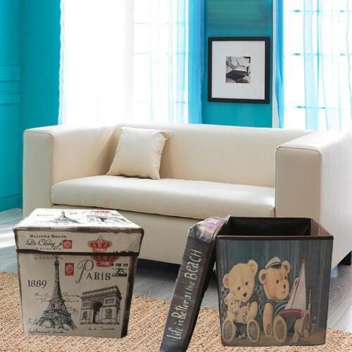 Retro Non-woven Bear Flag Print Folding Storage Stool Sit Box Home Decoration multi-functional folding storage stool with cover