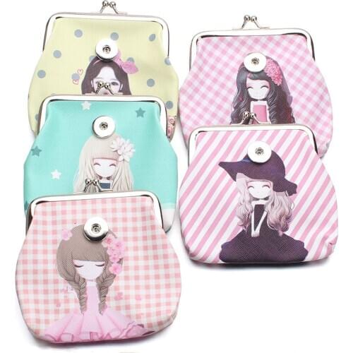New PU Leather Snap Button Jewelry Purse Fit 18MM Snap Buttons Beautiful Girls Small Coin Purses Bags Wallets