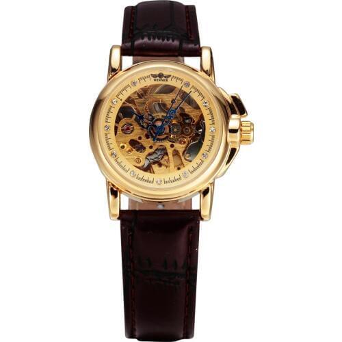 WINNER Brand Luxury Gold Steel Case Watch Women Brown Leather Band Rhinestone Dial Skeleton Automatic Mechanical Wrist Watches