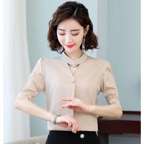 Women Spring Summer Style Chiffon Blouses Shirts Lady Casual Short Sleeve Stand Collar Chiffon Blusas Tops ZZ0419