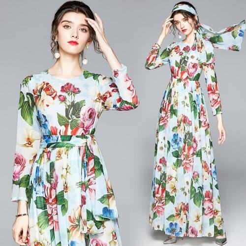 Women Summer Fashion Casual Floral Print Long Sleeve Floor Length Maxi Chiffon Vacastion Beach Dress