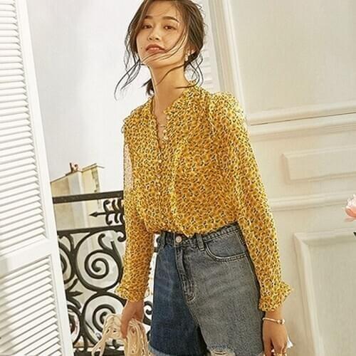 100% Double layer Silk Blouse Casual Style Floral Printed Ruffled Neck buckle Long Sleeves Office Tops Elegant Style New Fashion