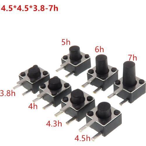 100pcs/lot 4.5*4.5*3.8-7mm (Side three Pin DIP) Black Mini Push Button Momentary Tact Button Switch Copper