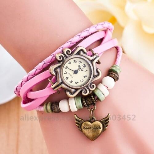 100pcs/lot Heart Love Retro Watch Vintage AngelS Wings Pendant Watch Ladies Bracelet Watch PU Leather Quartz Watch