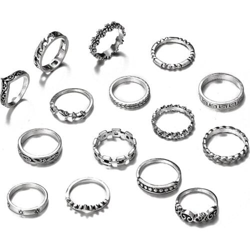 15Pcs/Set Trendy Knuckle Ring for Women Bohemian Vintage Silver Color Flower Twist Joint Ring Gothic Female Anillo Jewelry Gift