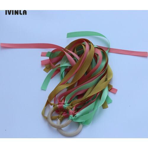 20pcs/lot watermelon red and gold Wood Ring Toy Ribbon Hand Kites Waldorf Toy for Party Favor Pack