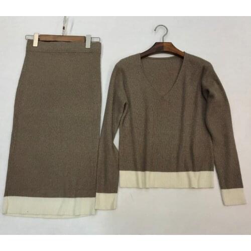 2020 autumn winter Woolen and Cashmere Knitted warm Suit V-NECK Knit Sweater + Mink Cashmere Skirts Leisure Two-piece wj2882