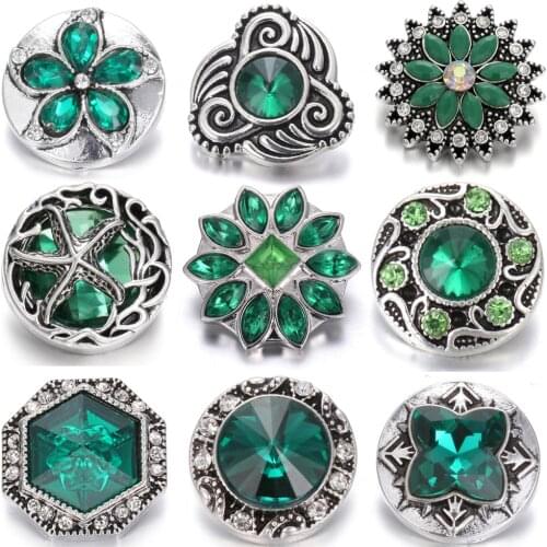 6pcs/lot New 18mm Snap Buttons Jewelry Rhinestone Mixed Green Buttons Snap Jewelry Fit 18mm Snap Bracelet Necklace Jewelry