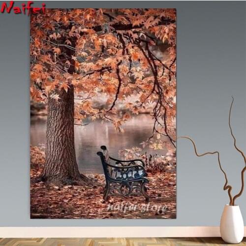 Diamond Painting Maple Leaf Diamond Embroidery Landscape Bench Cross Stitch Autumn DIY Mosaic Painting Full Diamond Square Round