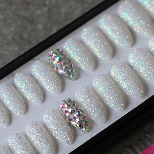White Glitter powder Stiletto fake nails 26pcs design Art wedding false nails Full crystal diamond nails