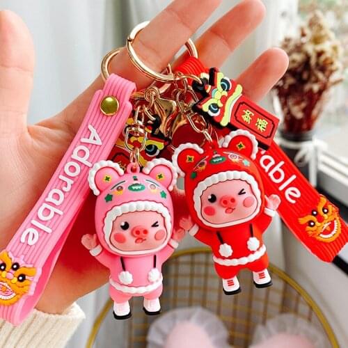 Lovely Anime Doll Piggy Animal Keychain For Women Rubber wristband Trinkle Key Ring Chains Car Bag Charm For Girl Boy Gift D812