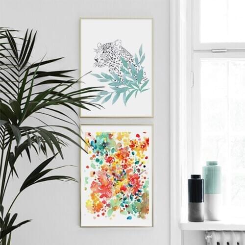 Boho Colorful Tiger Tree Green Leaf Flower Floral Poster Wall Art Canvas Prin for Home Decor Dorm Abstract Color Watercolor