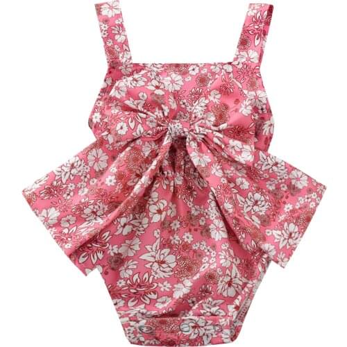 Baby Romper, Girls Flower Print Square Neck Sleeveless Bodysuit Playsuit with Big Bowknot for Summer