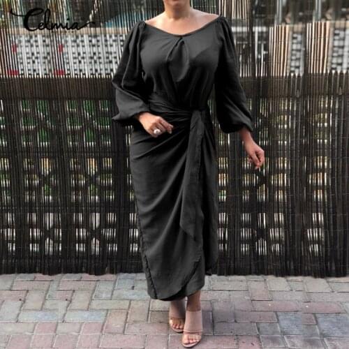 Celmia Elegant Party Solid Maxi Dress 2021 Autumn Women Lantern Sleeve Asymmetrical Long Sundress Loose Pleated Dress Plus Size