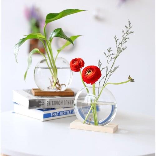Hydroponics Glass Flower Vase Round Tube Plant Pot with Vintage Wood Tray Décor Flowepot Terrarium Planter Pots
