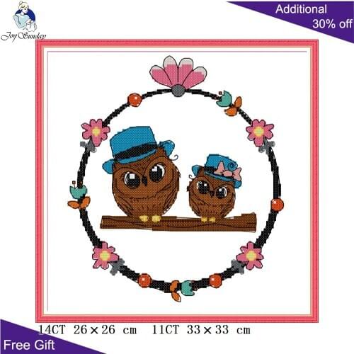 Joy Sunday Two Owls DA502 14CT 11CT Counted and Stamped Wreath Animal Needlework Embroidery DIY Home Decor Cross Stitch kits