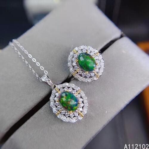 KJJEAXCMY fine jewelry 925 sterling silver inlaid natural black opal Girls' popular simple flower ring pendant set support test