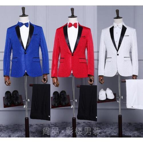 Singer star style dance stage clothing for men print suit set with pants 2020 mens wedding suits costume groom formal dress red