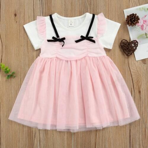 Summer Breathable Little Girls Dress Children False Two Pieces Bow Decoration Mesh Splicing Short Sleeve Princess Skirt