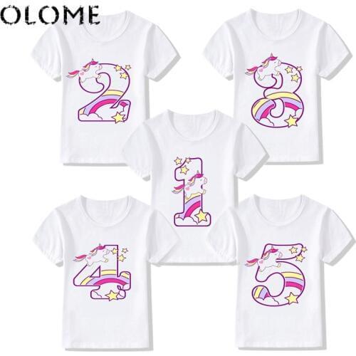 Kid Happy Birthday Number 1~9th Cartoon Unicorn Cute Print T Shirt Boys And Girls Number Tshirt Baby Summer Top Children Clothes