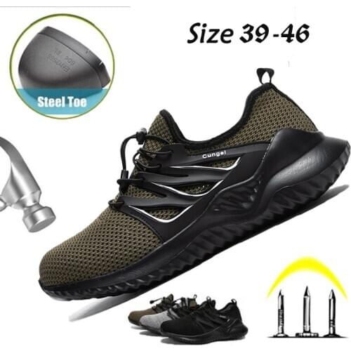 Men Steel Toe Puncture-Proof Work Shoes Anti-Smash Safety Shoes Lightweight Breathable Cushioning High Elastic Air Safety Boots