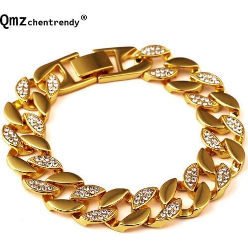 Mens Exaggerated Golden MIAMI CUBAN LINK Shiny Rhinestones Bracelets Hip Hop Punk Bling Jewelry Hipster Wristband Bangle