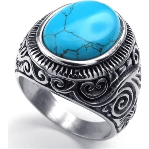 Mens Oval Gem Stone Stainless Steel Finger Ring US Size 7/8/9/10/11/12/13/14